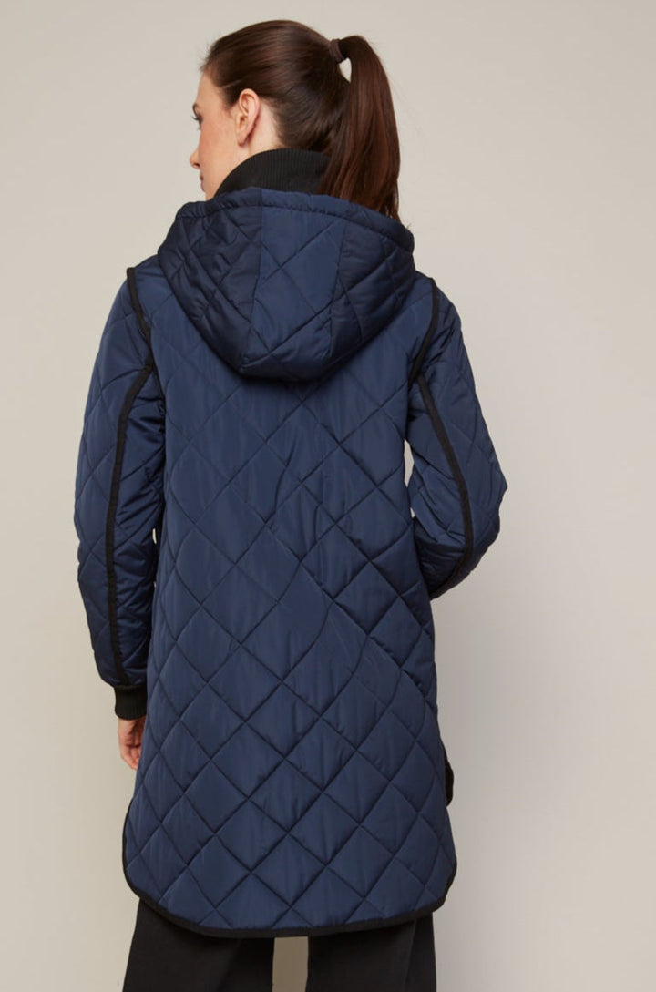 Adroit Atelier Libby Quilted Full Zip Coat With Removable Hood in Navy available at Barbara Katz