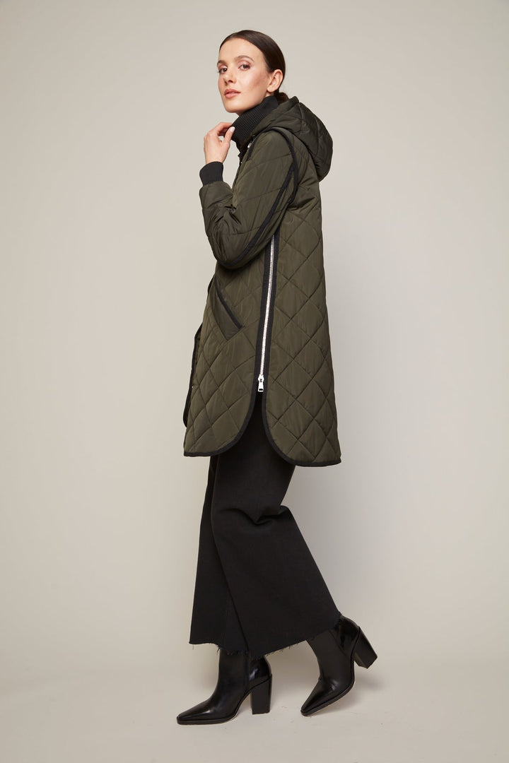 Adroit Atelier Libby Quilted Full Zip Coat With Removable Hood in Forest Green available at Barbara Katz
