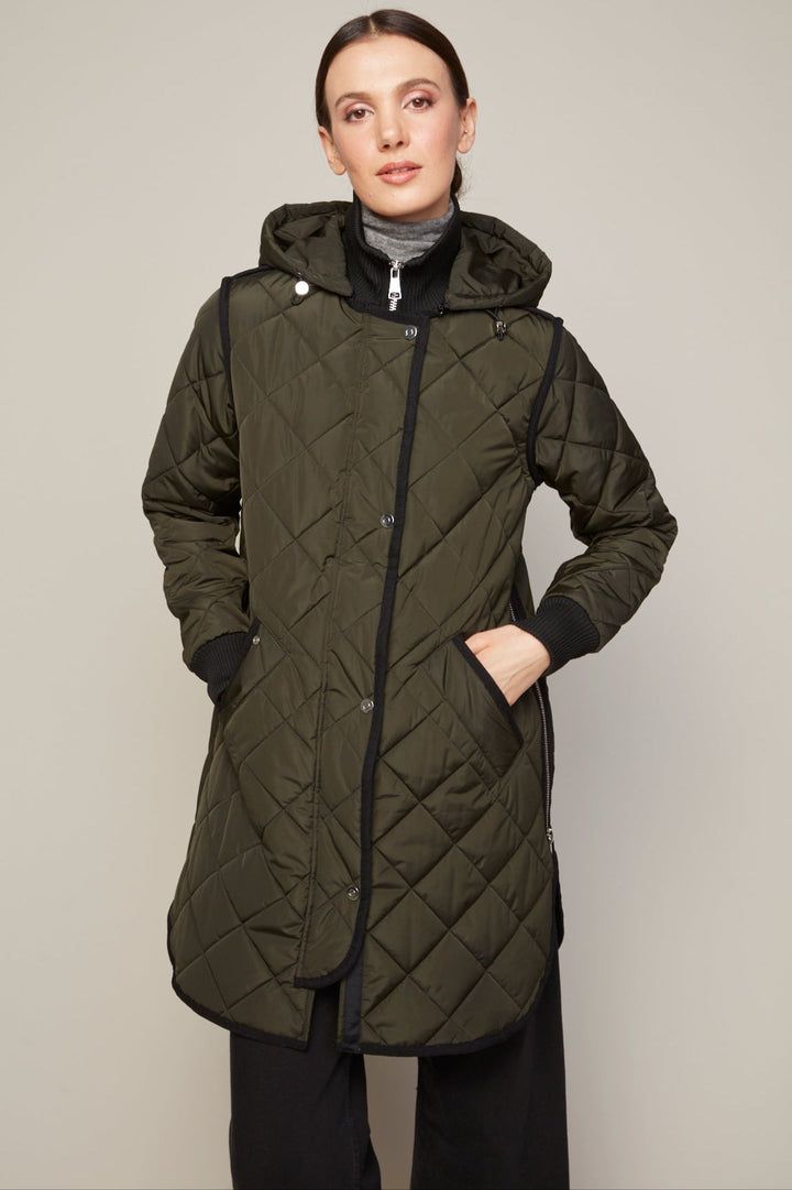 Adroit Atelier Libby Quilted Full Zip Coat With Removable Hood in Forest Green available at Barbara Katz