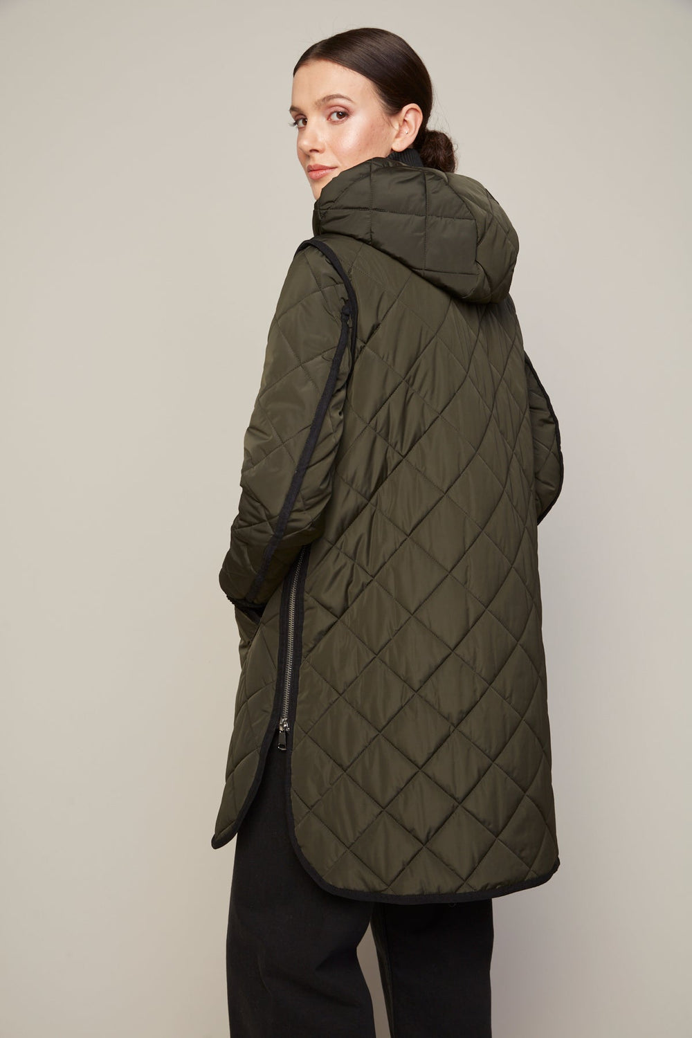 Adroit Atelier Libby Quilted Full Zip Coat With Removable Hood in Forest Green available at Barbara Katz