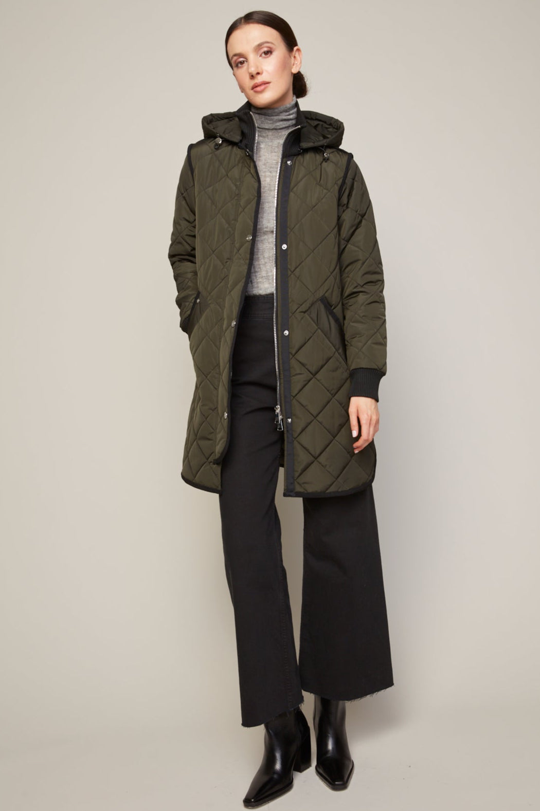 Adroit Atelier Libby Quilted Full Zip Coat With Removable Hood in Forest Green available at Barbara Katz