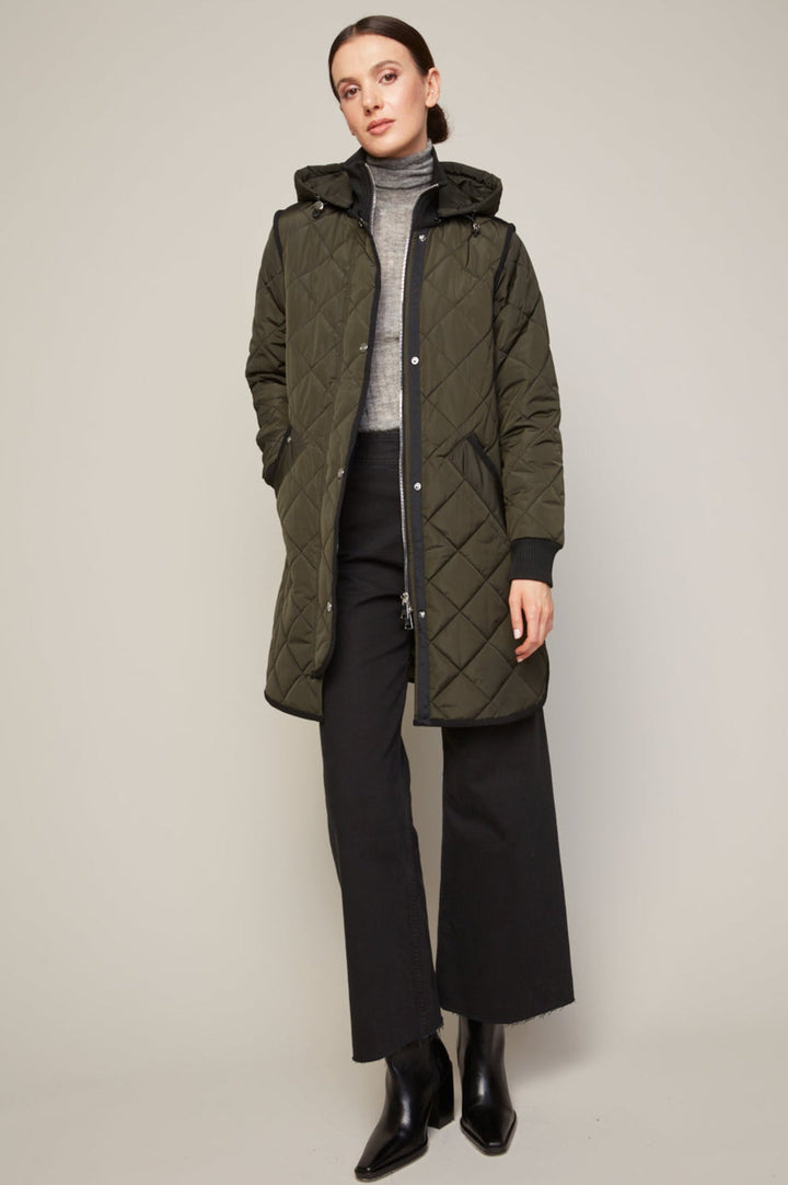 Adroit Atelier Libby Quilted Full Zip Coat With Removable Hood in Forest Green available at Barbara Katz