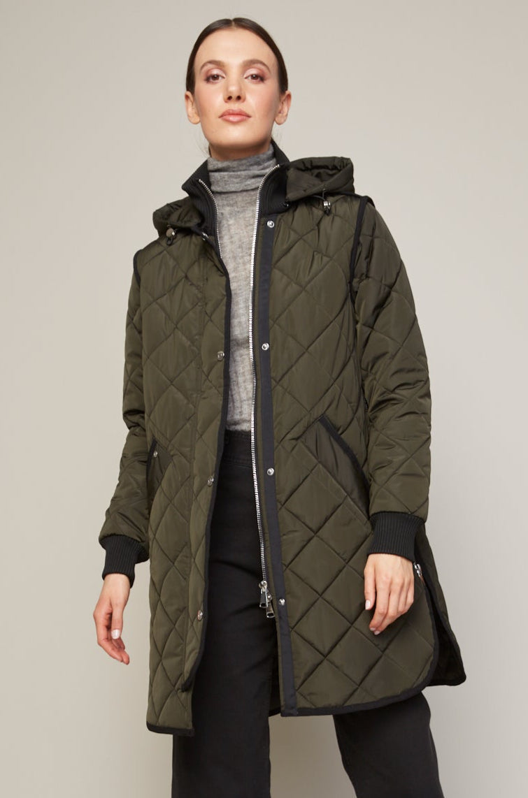 Adroit Atelier Libby Quilted Full Zip Coat With Removable Hood in Forest Green available at Barbara Katz