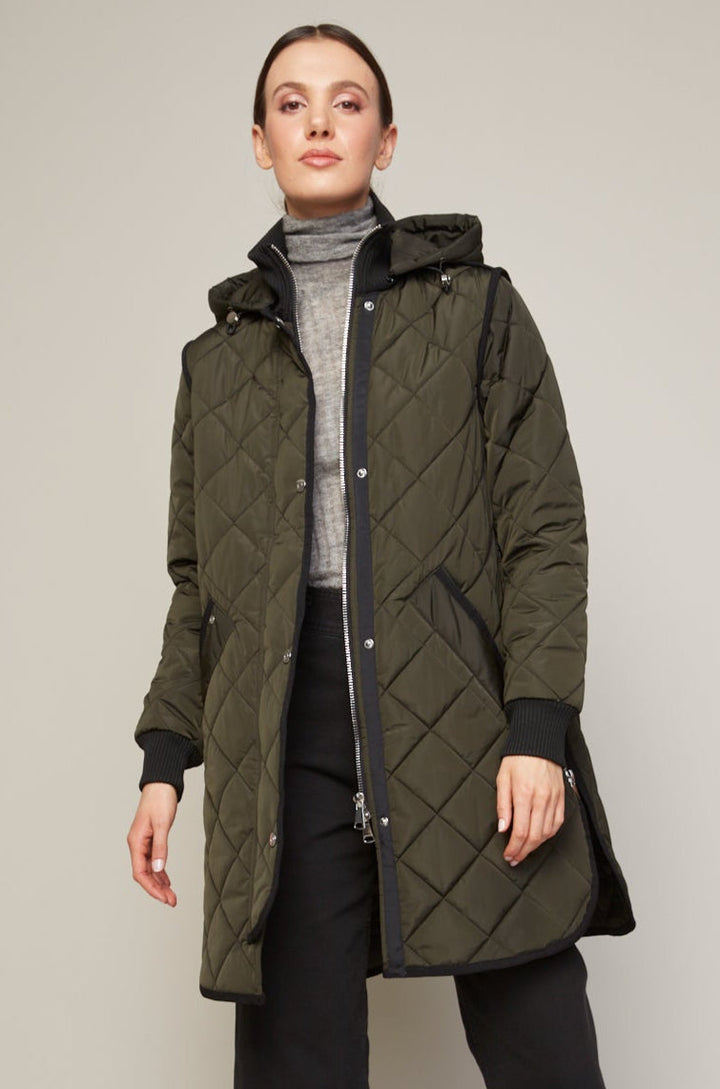 Adroit Atelier Libby Quilted Full Zip Coat With Removable Hood in Forest Green available at Barbara Katz