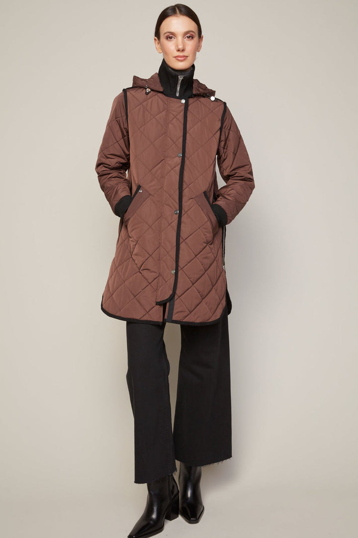 Adroit Atelier Libby Quilted Full Zip Coat With Removable Hood in Java available at Barbara Katz