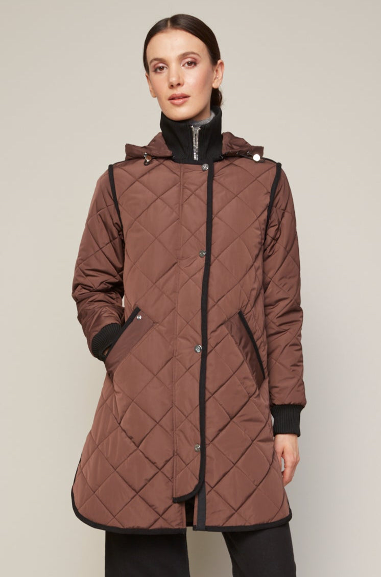 Adroit Atelier Libby Quilted Full Zip Coat With Removable Hood in Java available at Barbara Katz