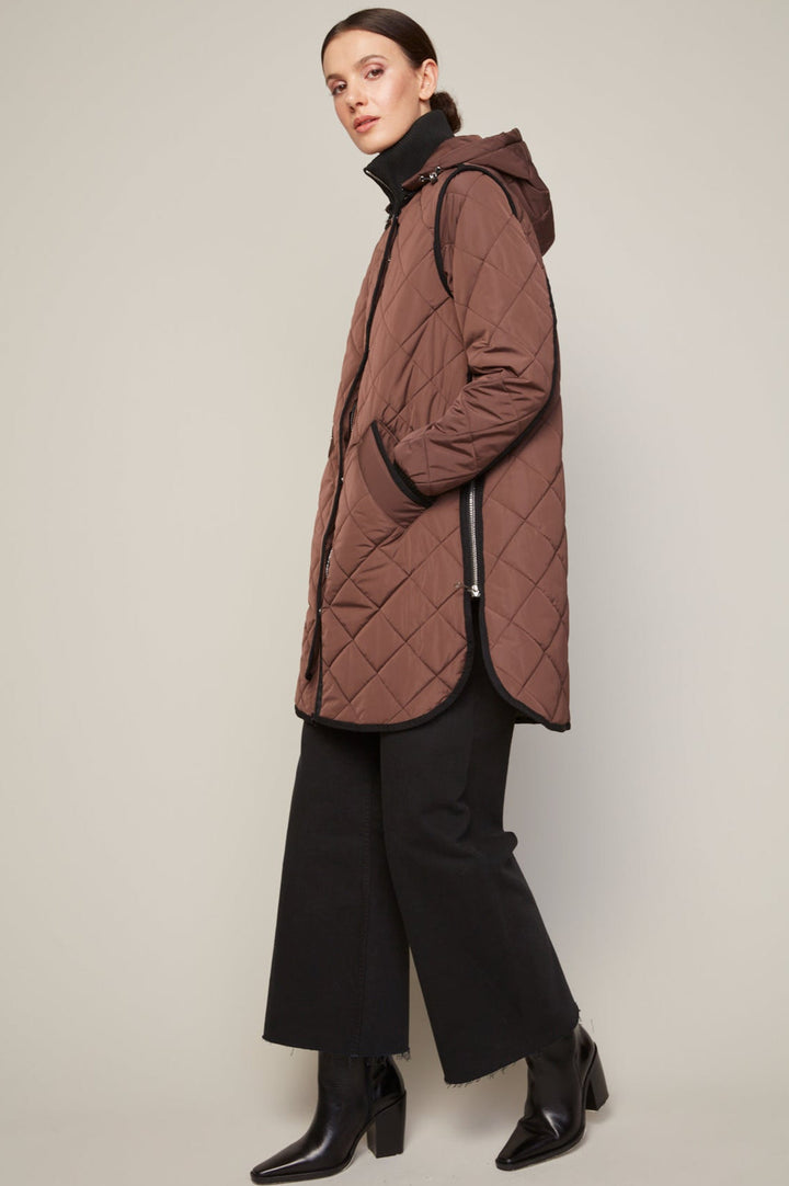 Adroit Atelier Libby Quilted Full Zip Coat With Removable Hood in Java available at Barbara Katz