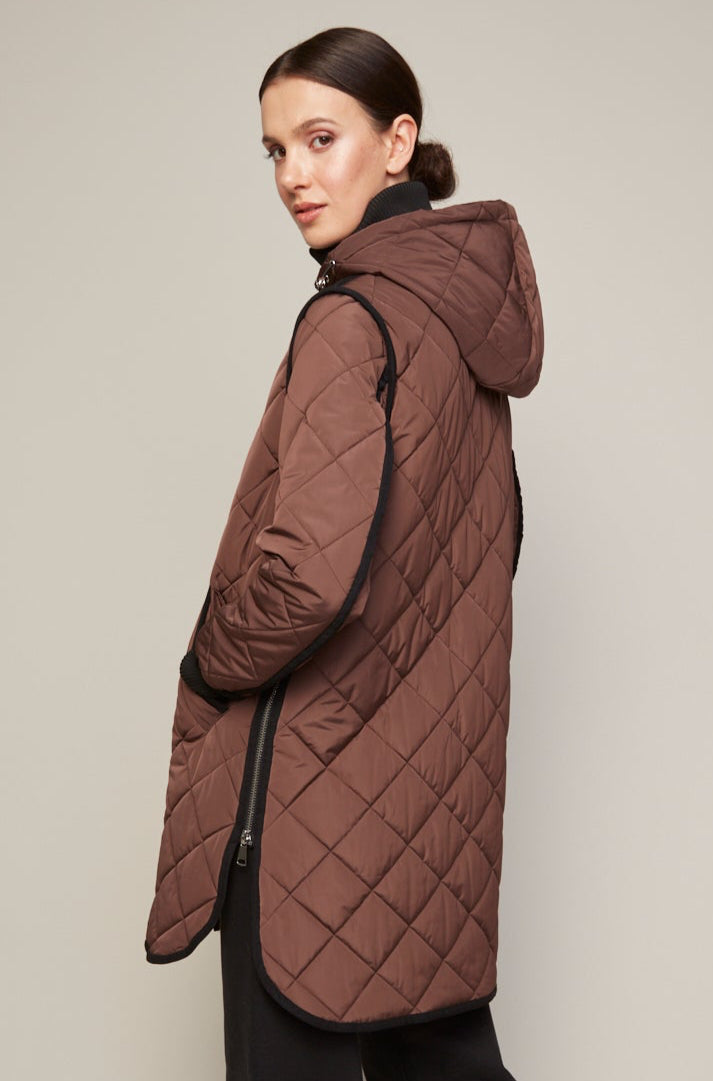 Adroit Atelier Libby Quilted Full Zip Coat With Removable Hood in Java available at Barbara Katz
