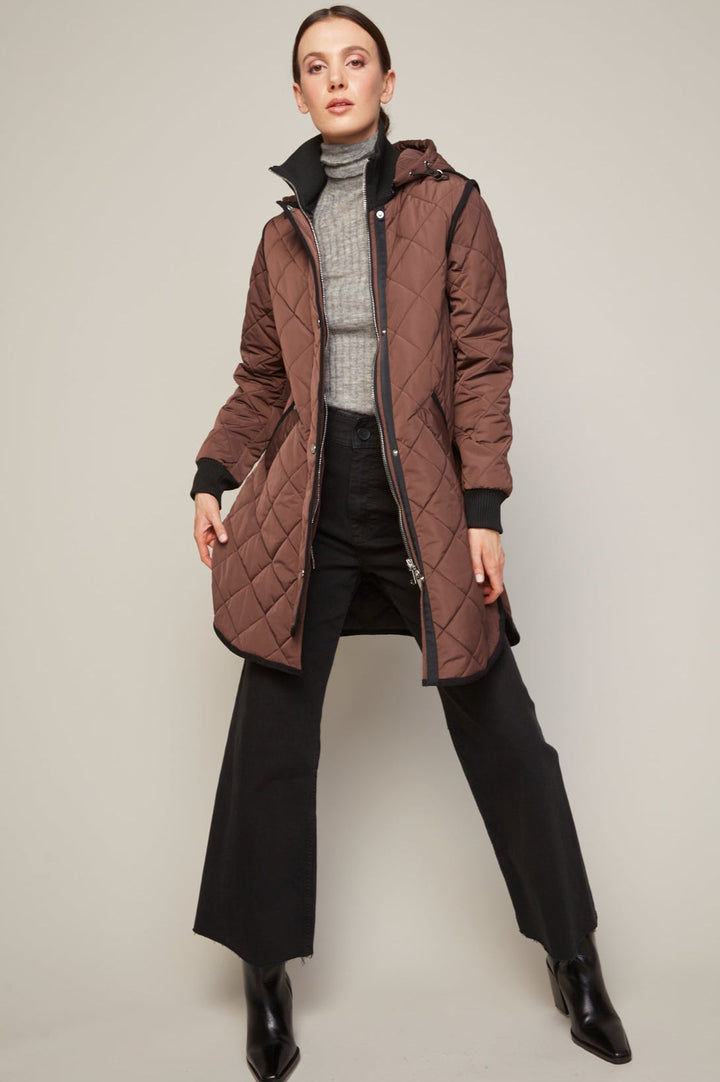 Adroit Atelier Libby Quilted Full Zip Coat With Removable Hood in Java available at Barbara Katz