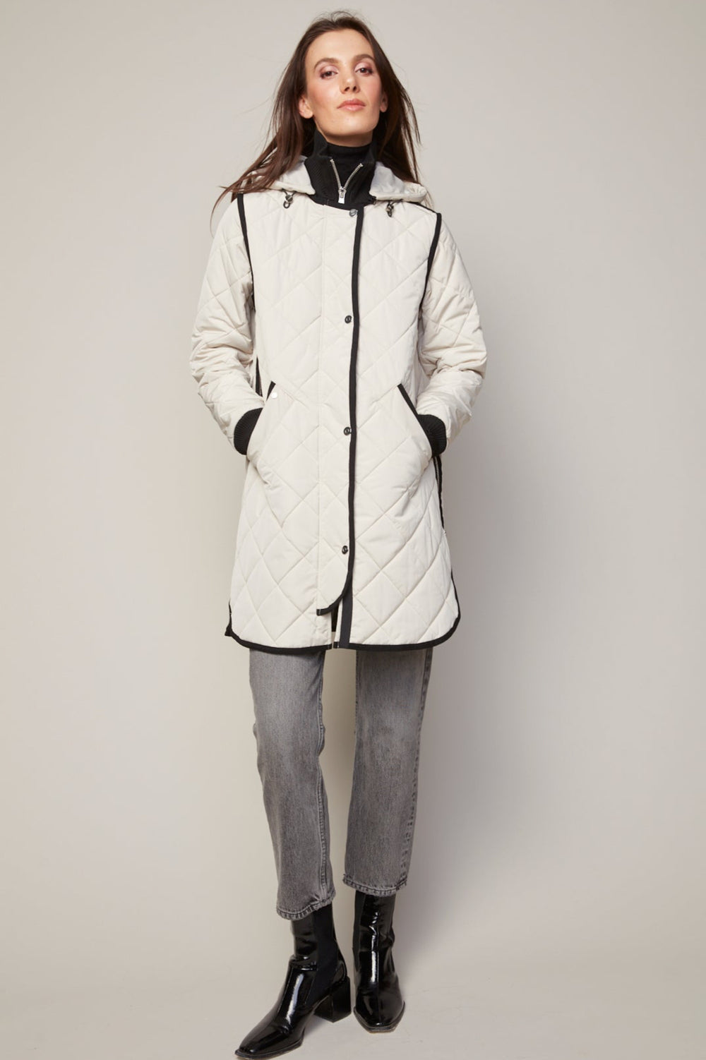 Adroit Atelier Libby Quilted Full Zip Coat With Removable Hood in Birch available at Barbara Katz
