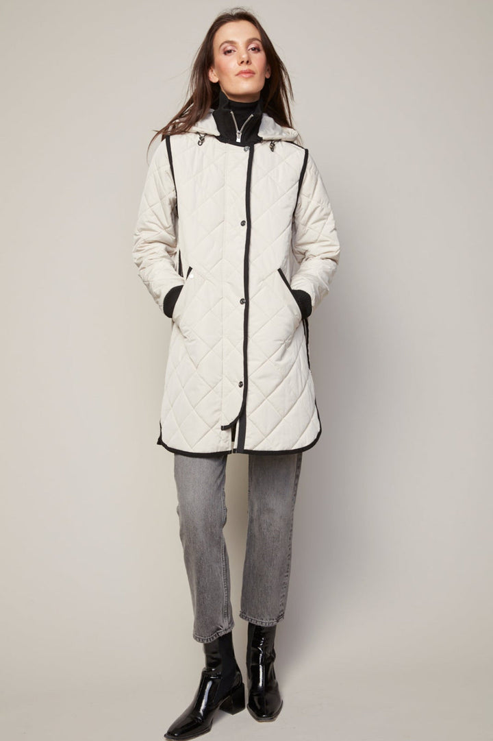 Adroit Atelier Libby Quilted Full Zip Coat With Removable Hood in Birch available at Barbara Katz