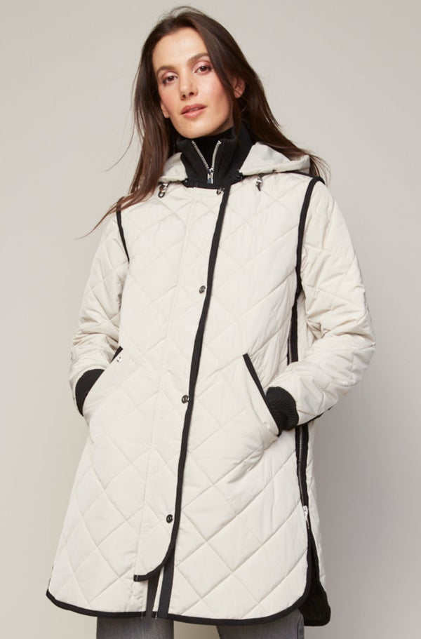 Adroit Atelier Libby Quilted Full Zip Coat With Removable Hood in Birch available at Barbara Katz