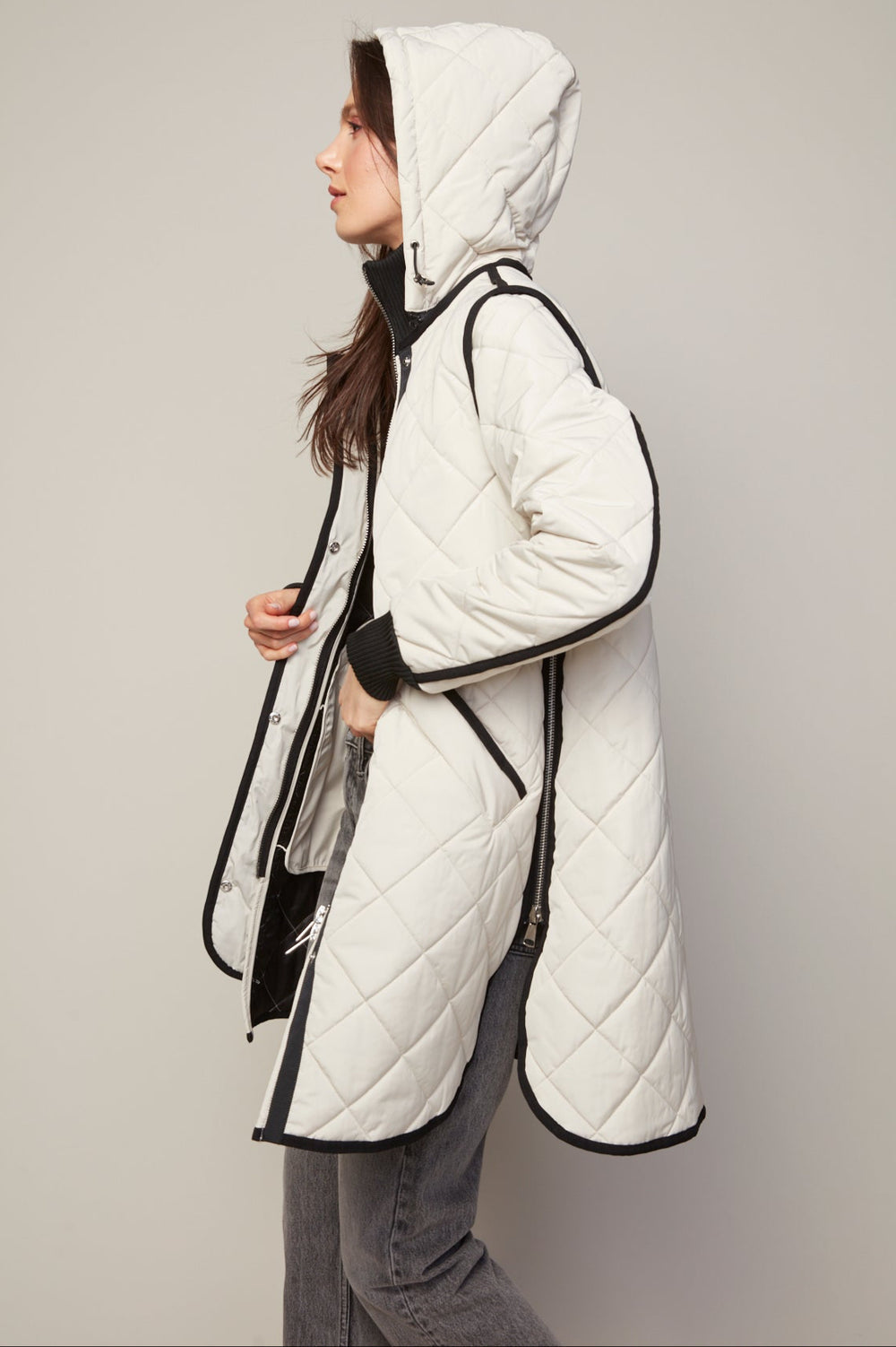 Adroit Atelier Libby Quilted Full Zip Coat With Removable Hood in Birch available at Barbara Katz