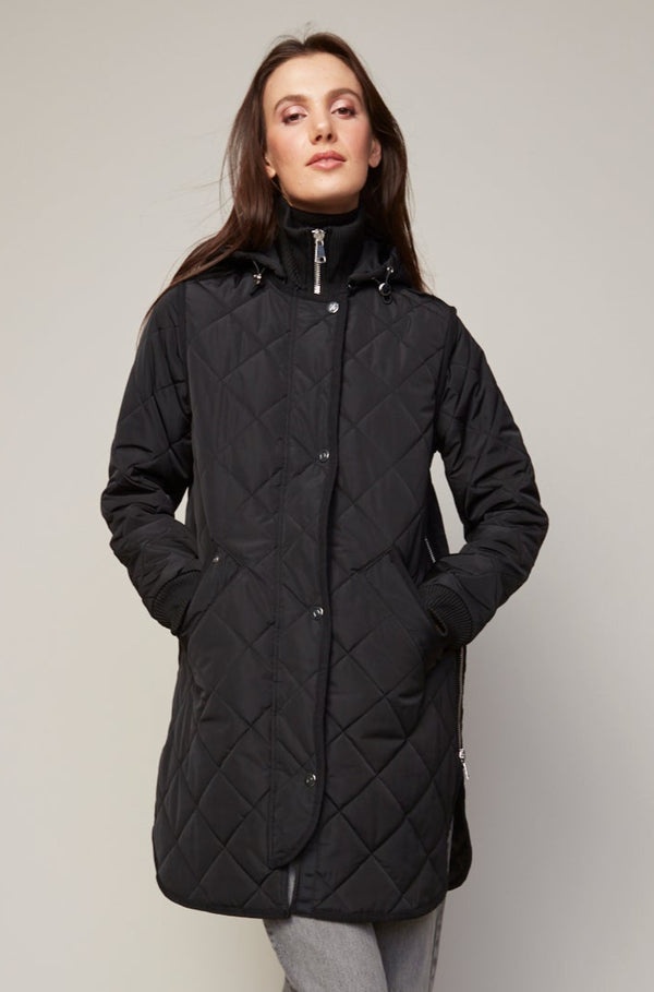 Adroit Atelier Libby Quilted Full Zip Coat With Removable Hood in Black available at Barbara Katz