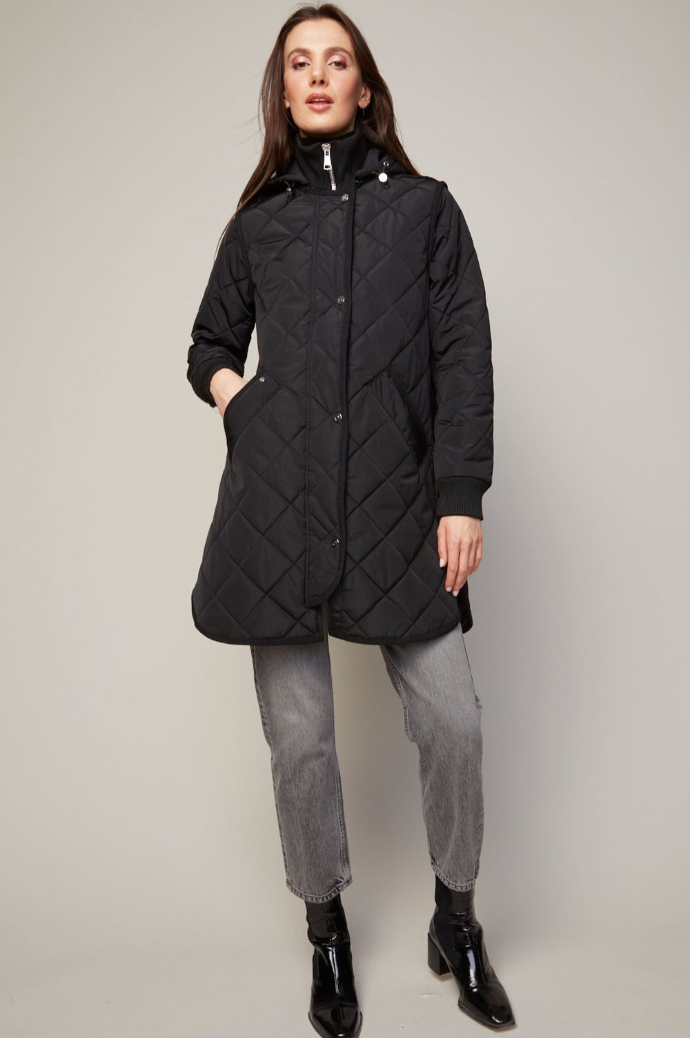 Adroit Atelier Libby Quilted Full Zip Coat With Removable Hood in Black available at Barbara Katz