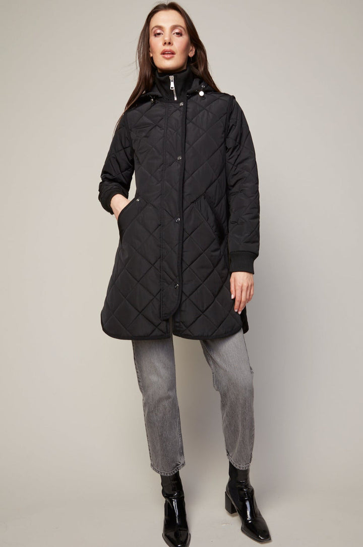 Adroit Atelier Libby Quilted Full Zip Coat With Removable Hood in Black available at Barbara Katz