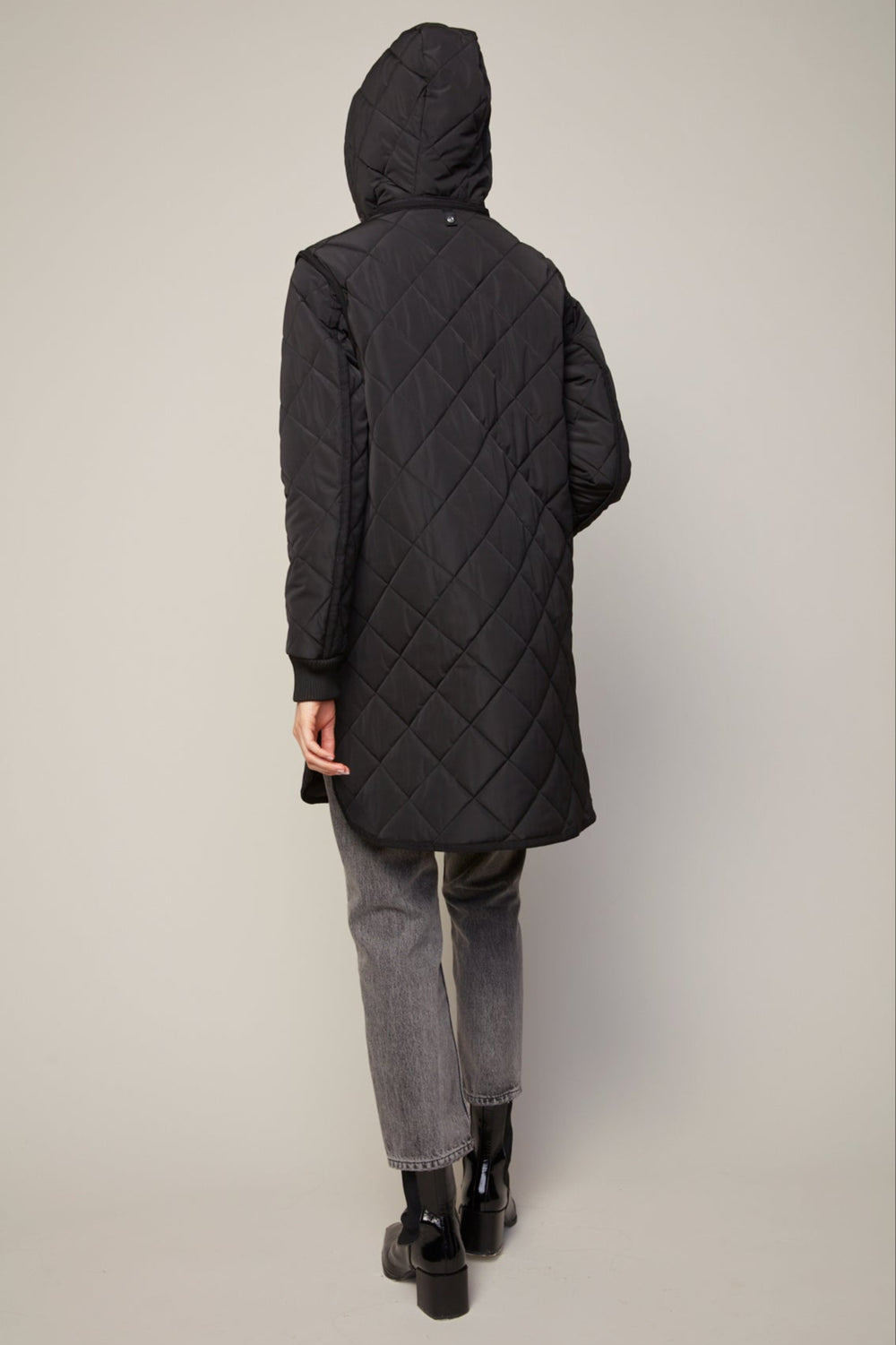 Adroit Atelier Libby Quilted Full Zip Coat With Removable Hood in Black available at Barbara Katz
