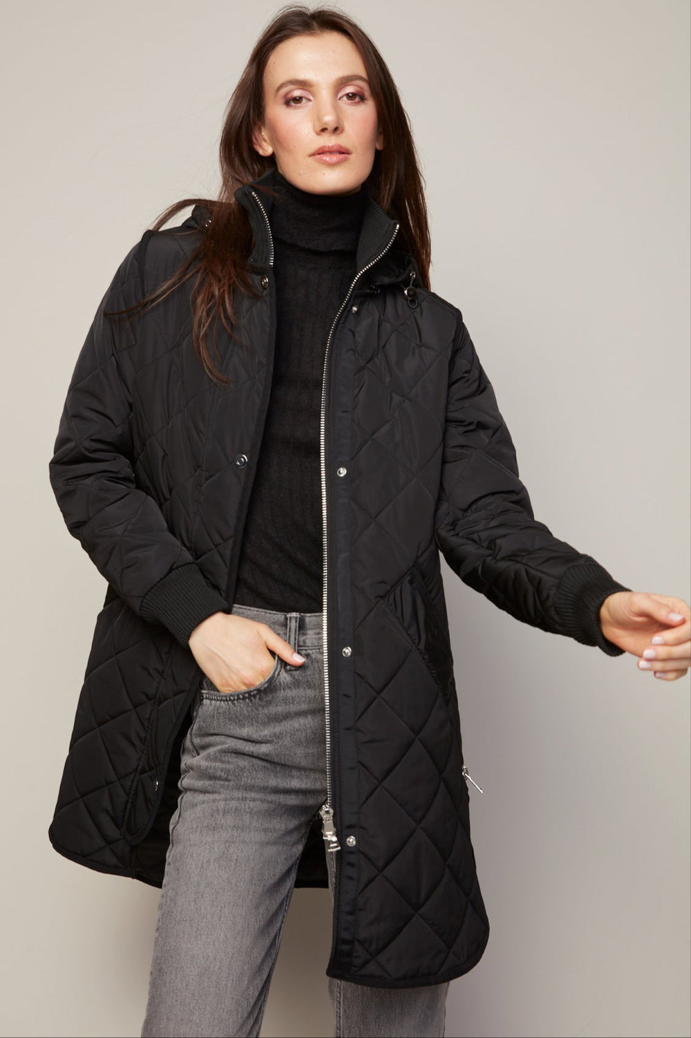 Adroit Atelier Libby Quilted Full Zip Coat With Removable Hood in Black available at Barbara Katz
