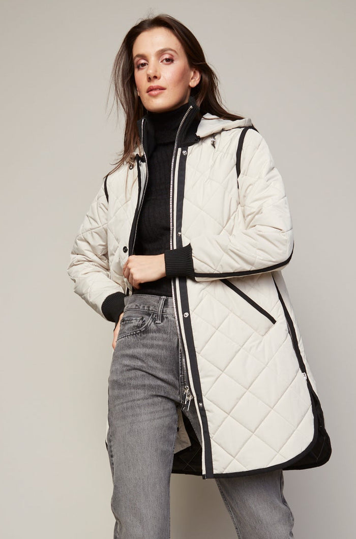 Adroit Atelier Libby Quilted Full Zip Coat With Removable Hood in Birch available at Barbara Katz