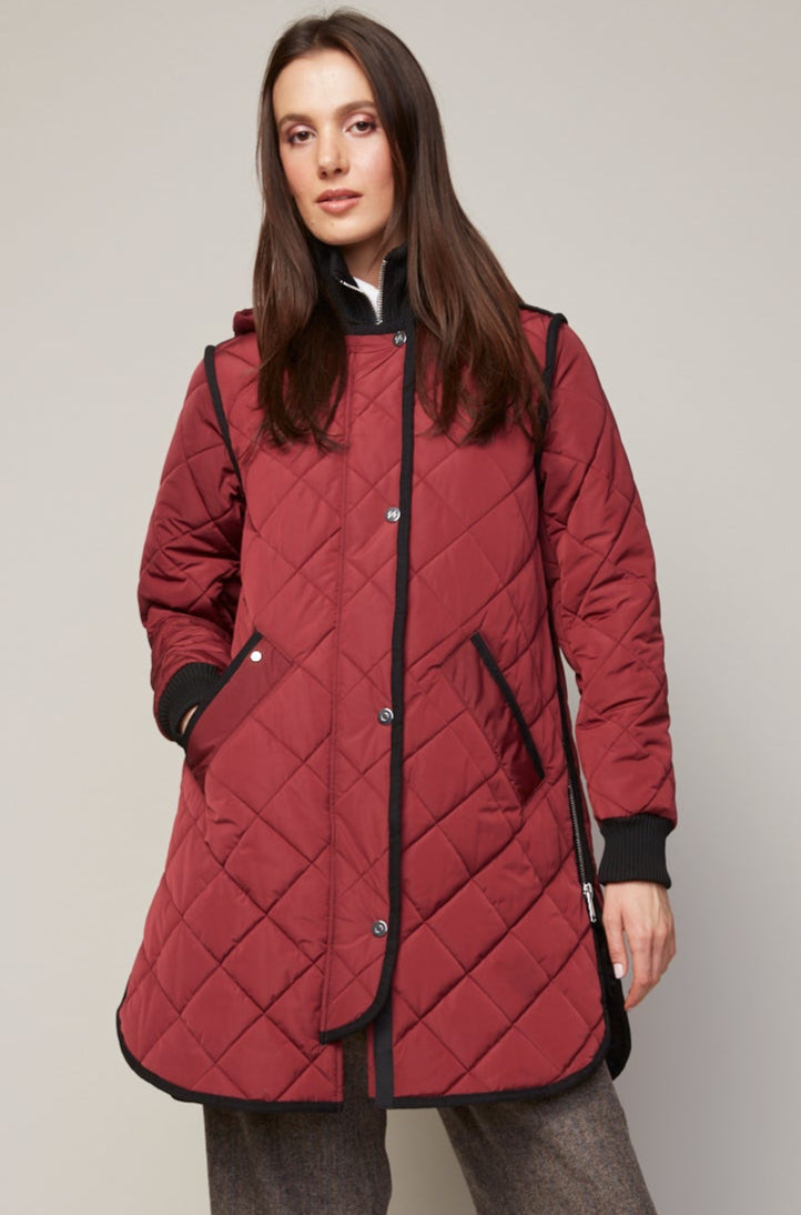 Adroit Atelier Libby Quilted Full Zip Coat With Removable Hood in Porto available at Barbara Katz
