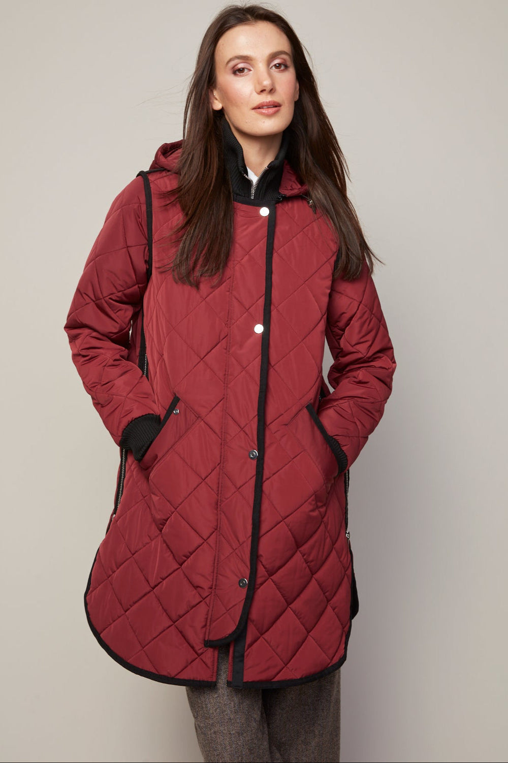 Adroit Atelier Libby Quilted Full Zip Coat With Removable Hood in Porto available at Barbara Katz