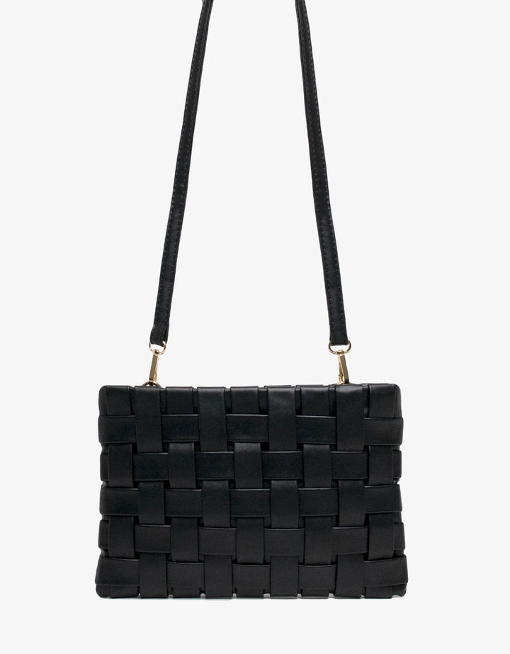 BK Handbags Lindy Large Woven Clutch Crossbody Bag in Black available at Barbara Katz