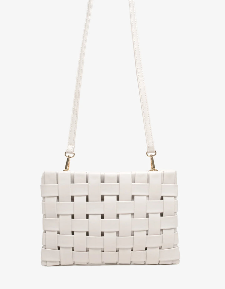 BK Handbags Lindy Large Woven Clutch Crossbody Bag in Off White available at Barbara Katz