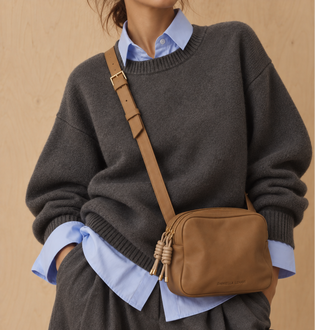 Daniella Lehavi Louise Loop Mini Box Crossbody Bag in Camel available at Barbara Katz