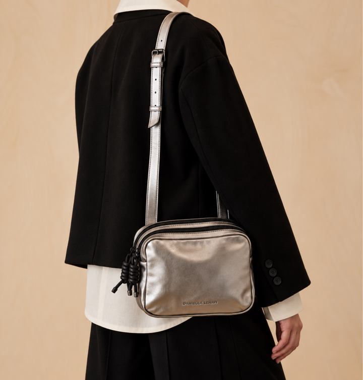 Daniella Lehavi Louise Loop Mini Box Crossbody Bag in Metallic Pewter available at Barbara Katz