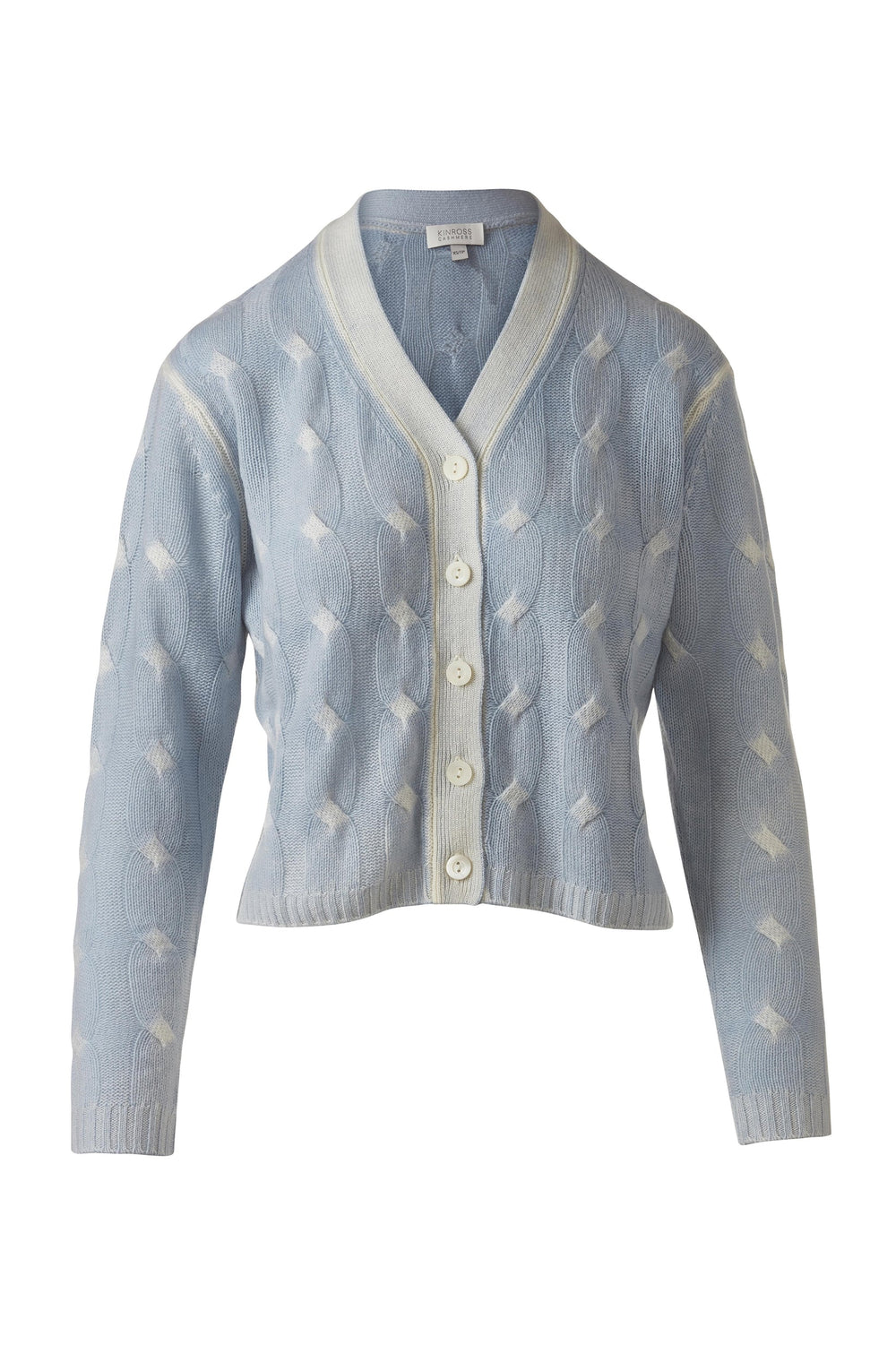 Kinross Spray Print Cable Vee Cardigan available at Barbara Katz