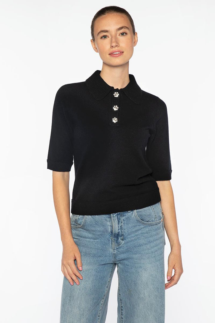 Crystal Button Elbow Sleeve Polo