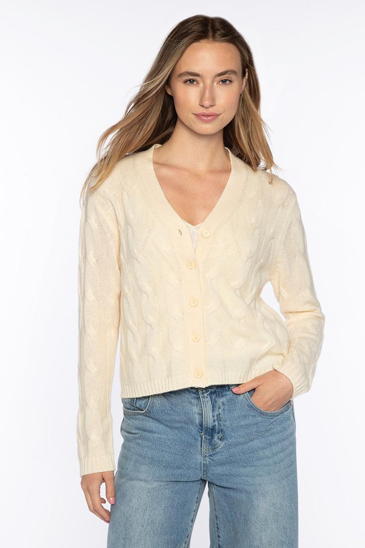 Kinross Cashmere Cable Vee Cardigan available at Barbara Katz