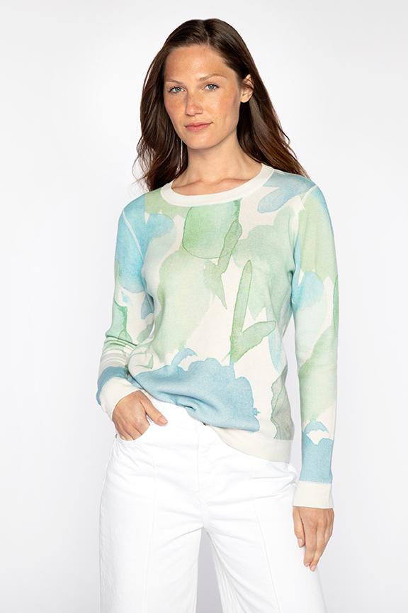 Kinross Reversible Print Crew Pullover in Ecru Multi available at Barbara Katz