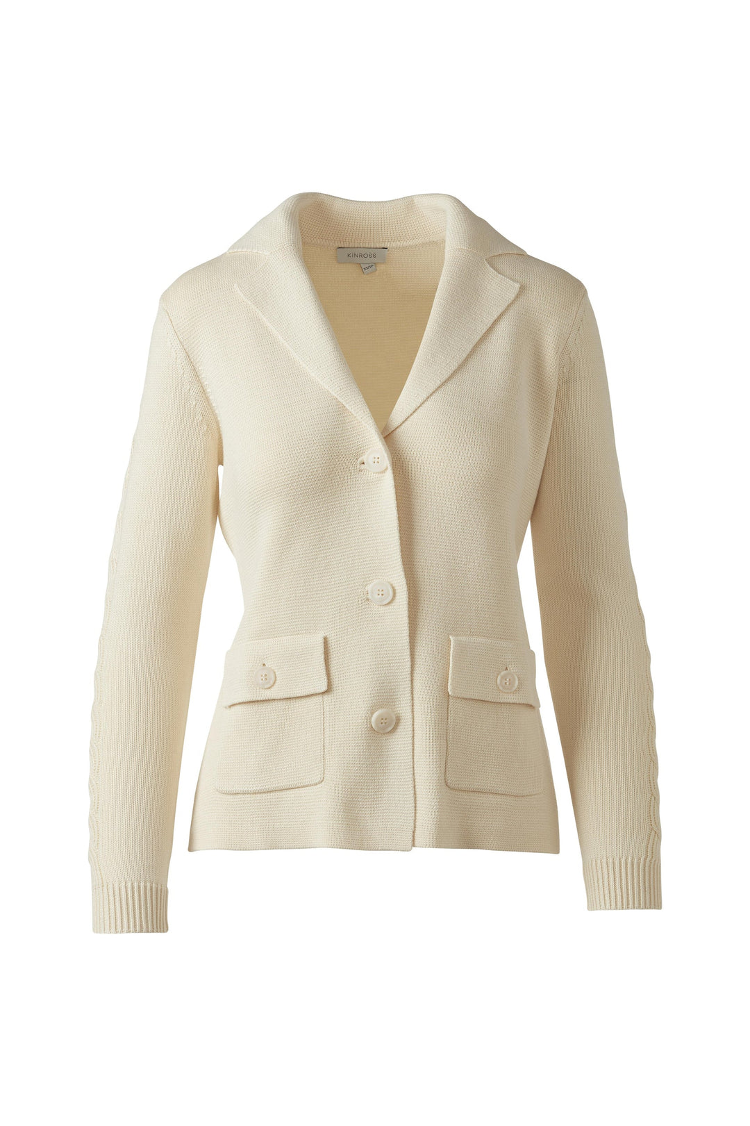 Kinross Cable Sleeve Notch Collar Cardigan available at Barbara Katz