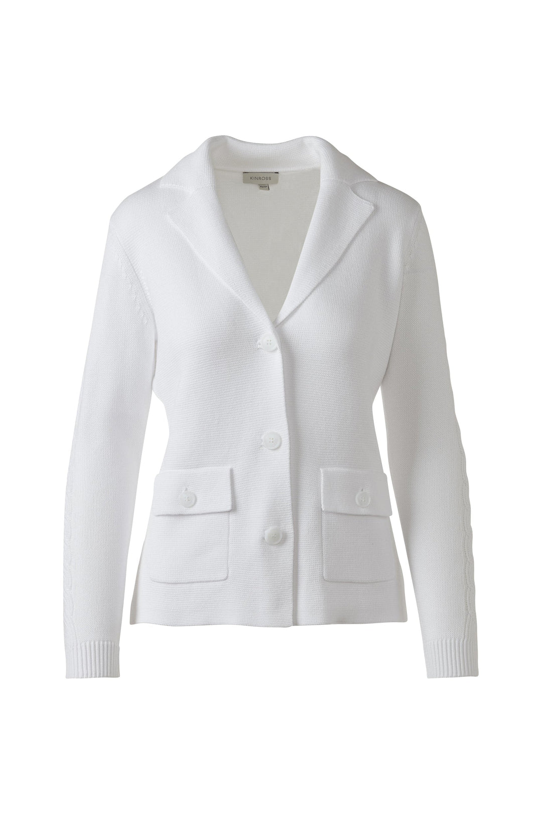 Kinross Cable Sleeve Notch Collar Cardigan available at Barbara Katz