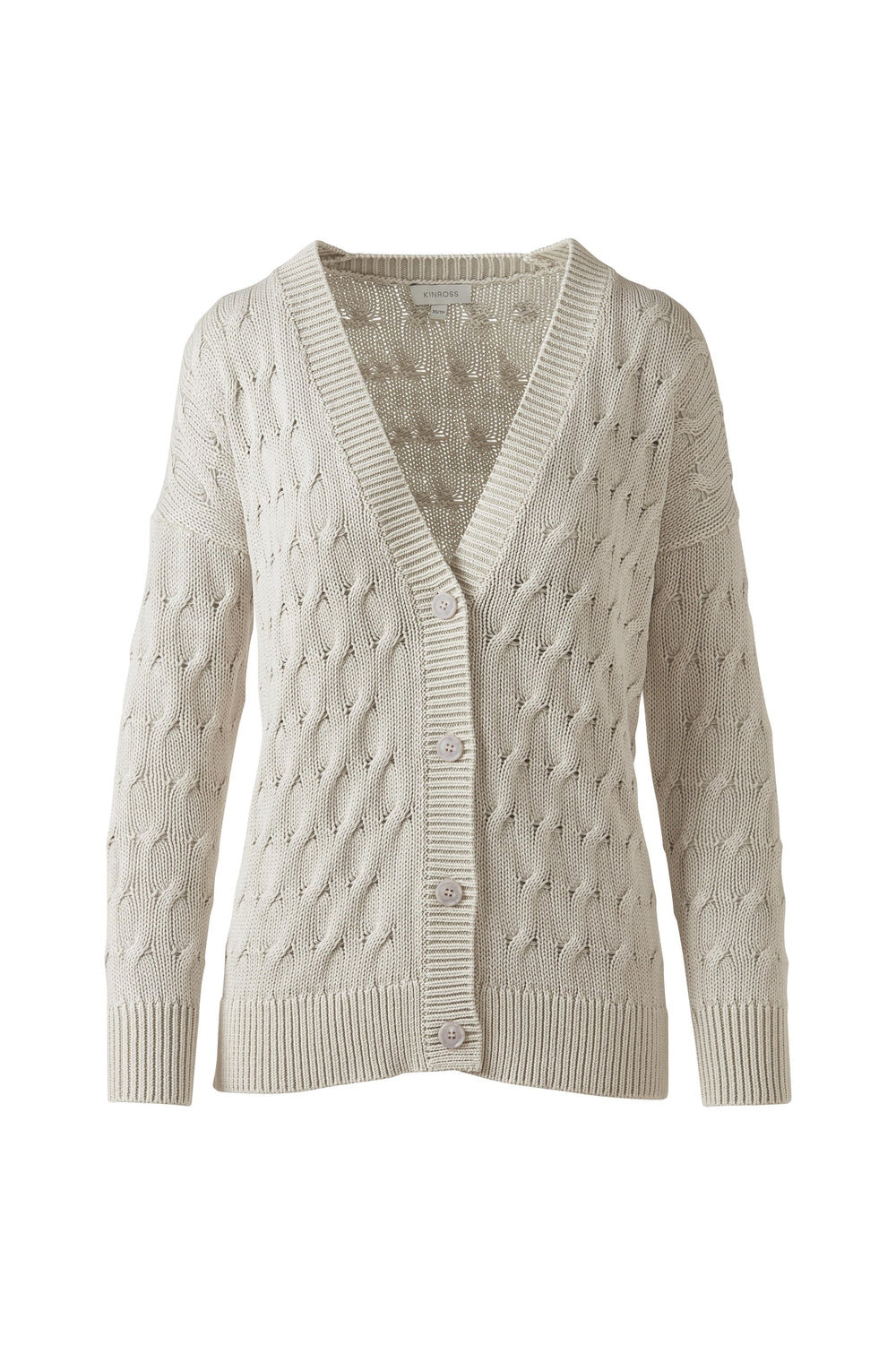 Kinross Stonewash Cable Vee Cardigan available at Barbara Katz
