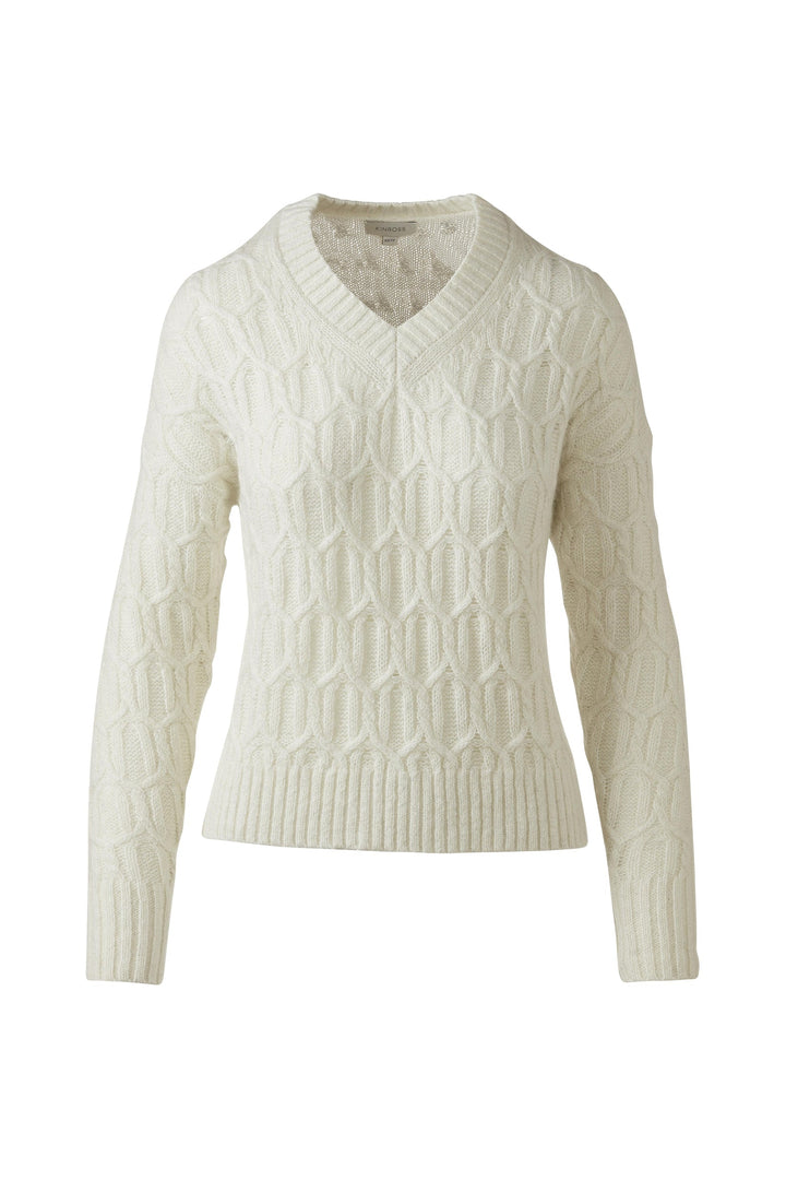 Kinross Lofty Lurex Cable Vee Sweater available at Barbara Katz