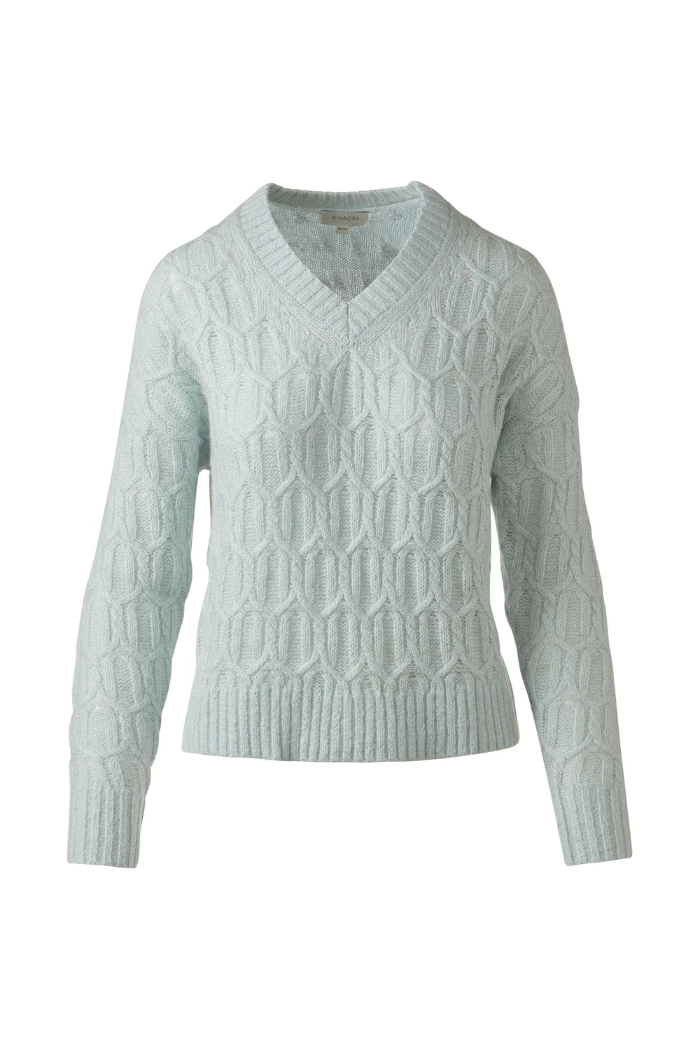 Kinross Lofty Lurex Cable Vee Sweater available at Barbara Katz