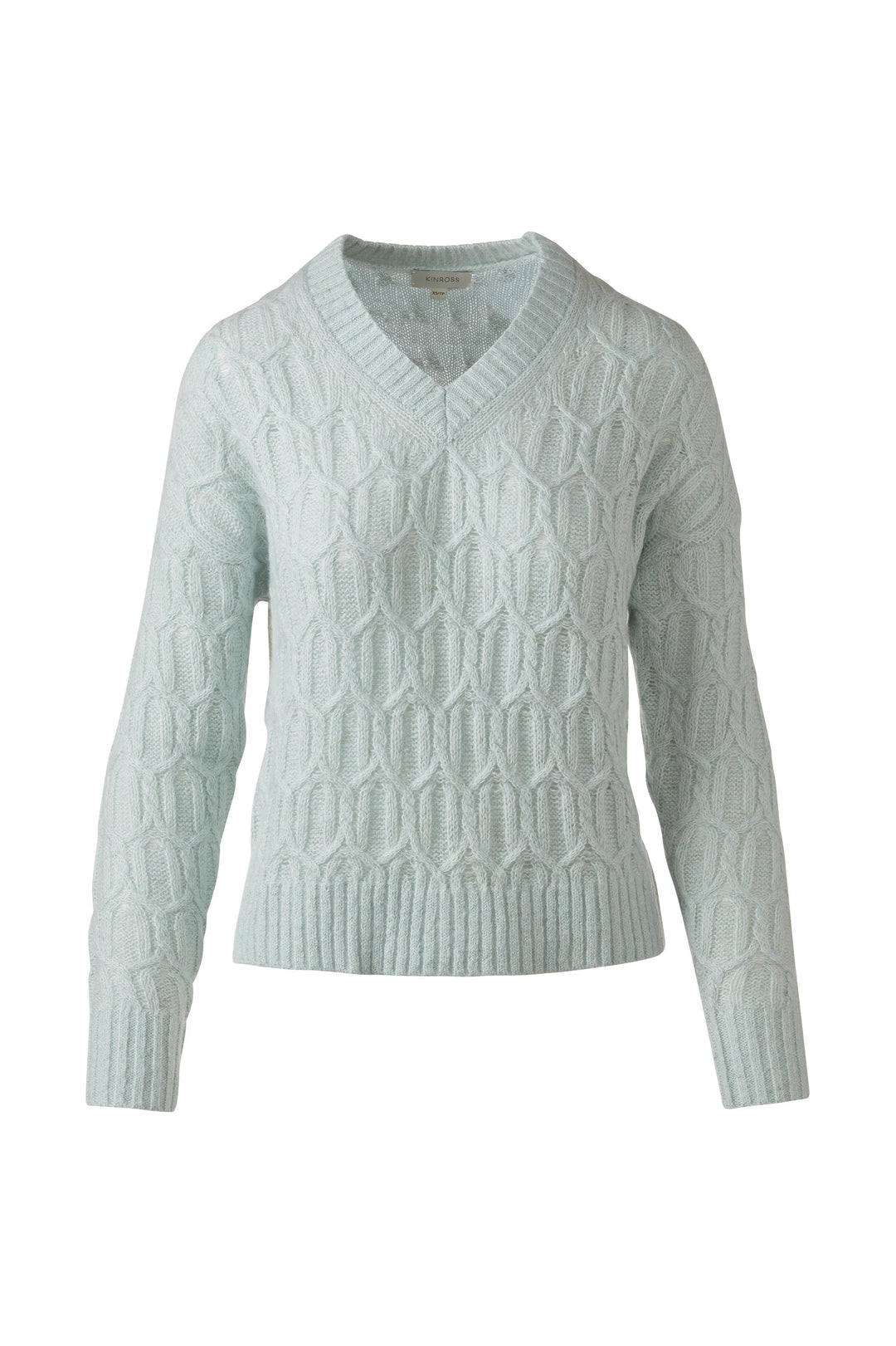 Kinross Lofty Lurex Cable Vee Sweater available at Barbara Katz