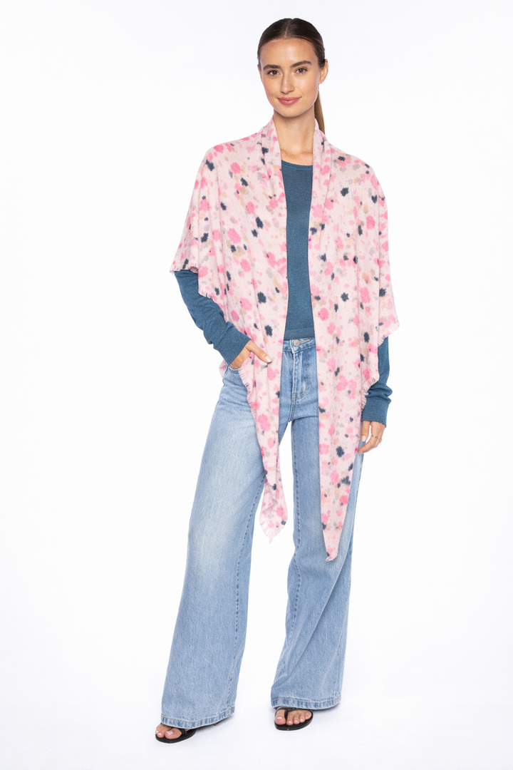 Kinross Droplet Print Fringe Triangle Wrap in Dahlia Multi available at Barbara Katz
