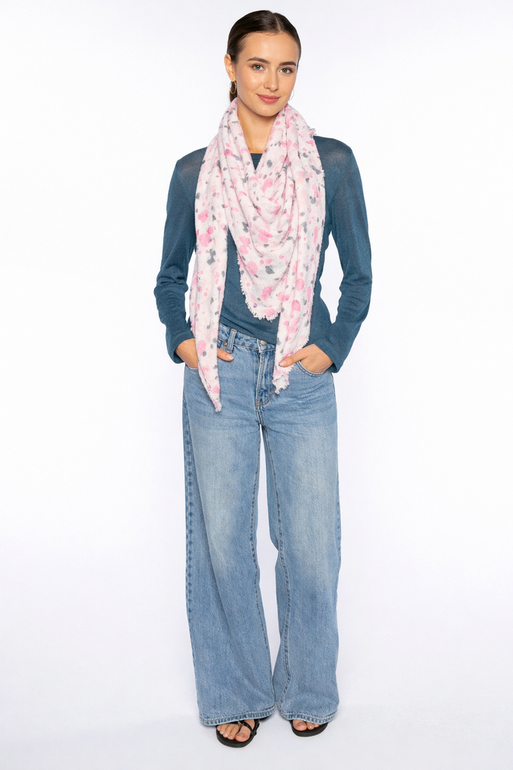 Kinross Droplet Print Fringe Triangle Wrap in Dahlia Multi available at Barbara Katz