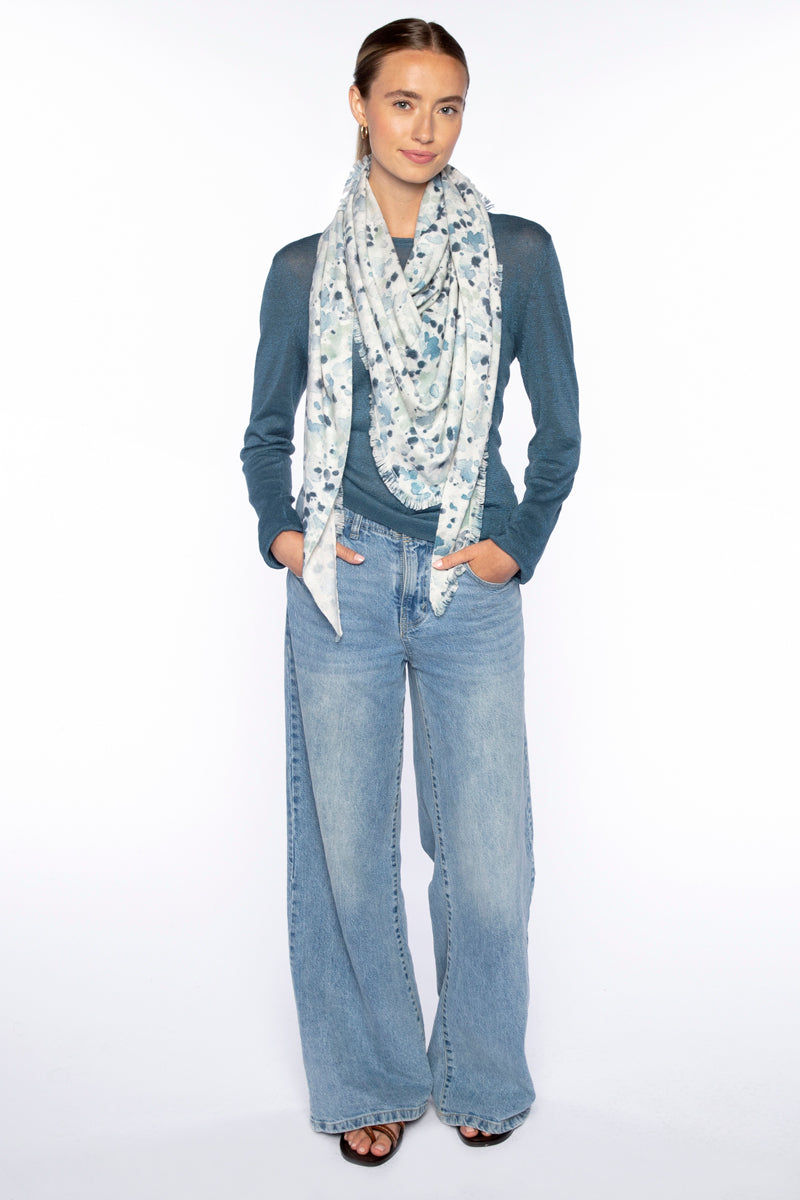 Kinross Droplet Print Fringe Triangle Wrap in Skyway Multi available at Barbara Katz
