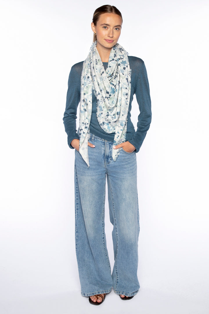 Kinross Droplet Print Fringe Triangle Wrap in Skyway Multi available at Barbara Katz