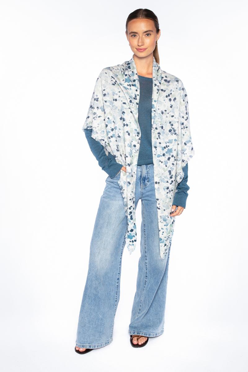 Kinross Droplet Print Fringe Triangle Wrap in Skyway Multi available at Barbara Katz