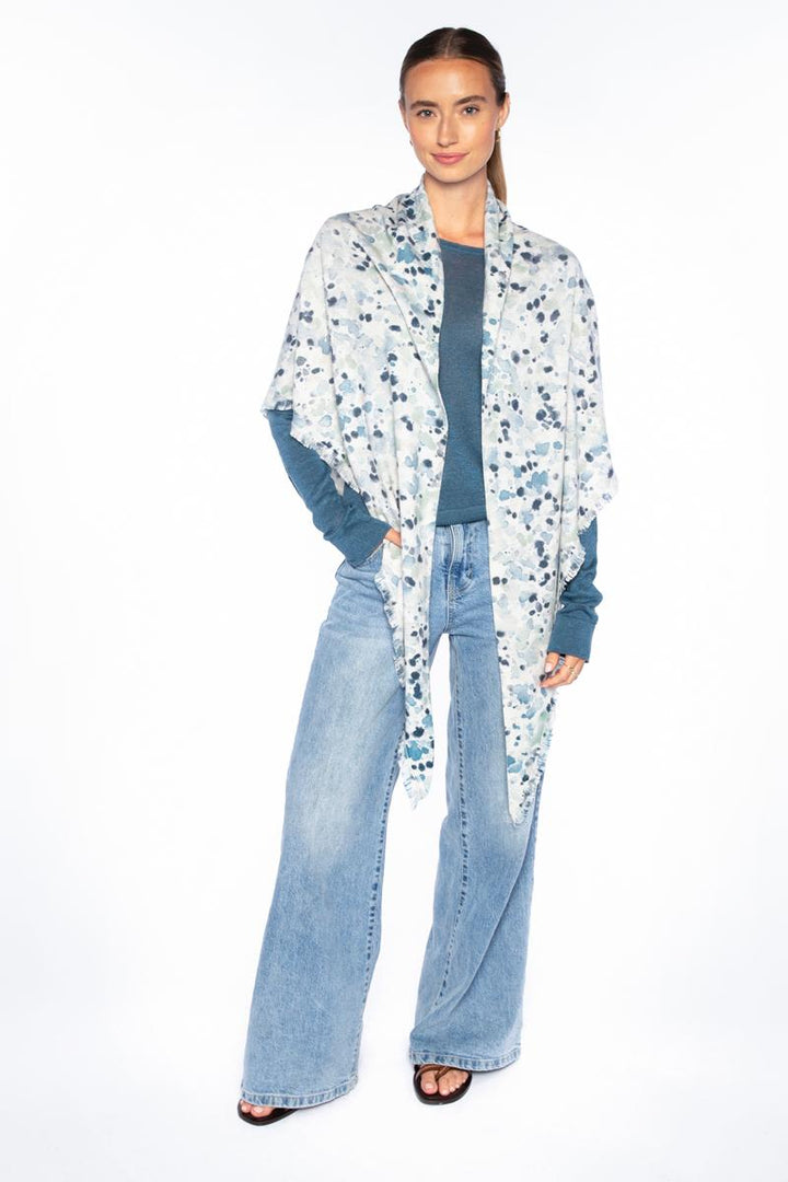 Kinross Droplet Print Fringe Triangle Wrap in Skyway Multi available at Barbara Katz