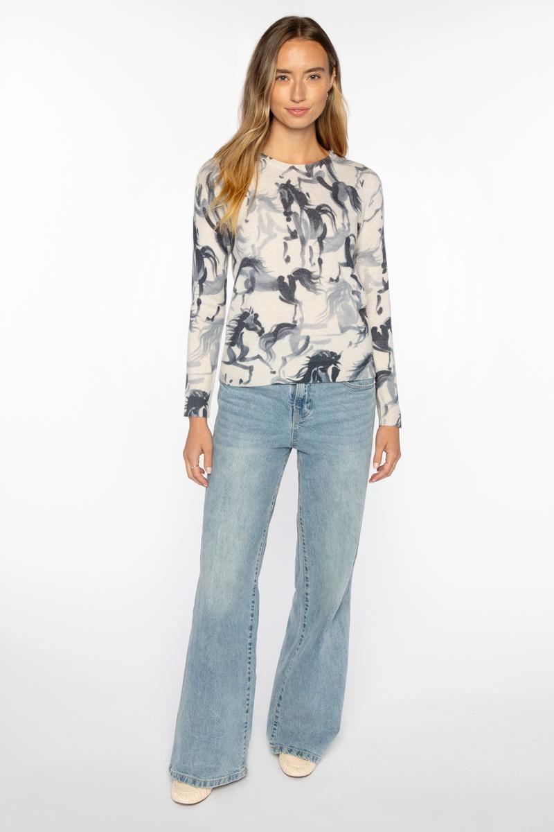 Kinross Horse Print Crew Sweater in Cloud Multi available at Barbara Katz