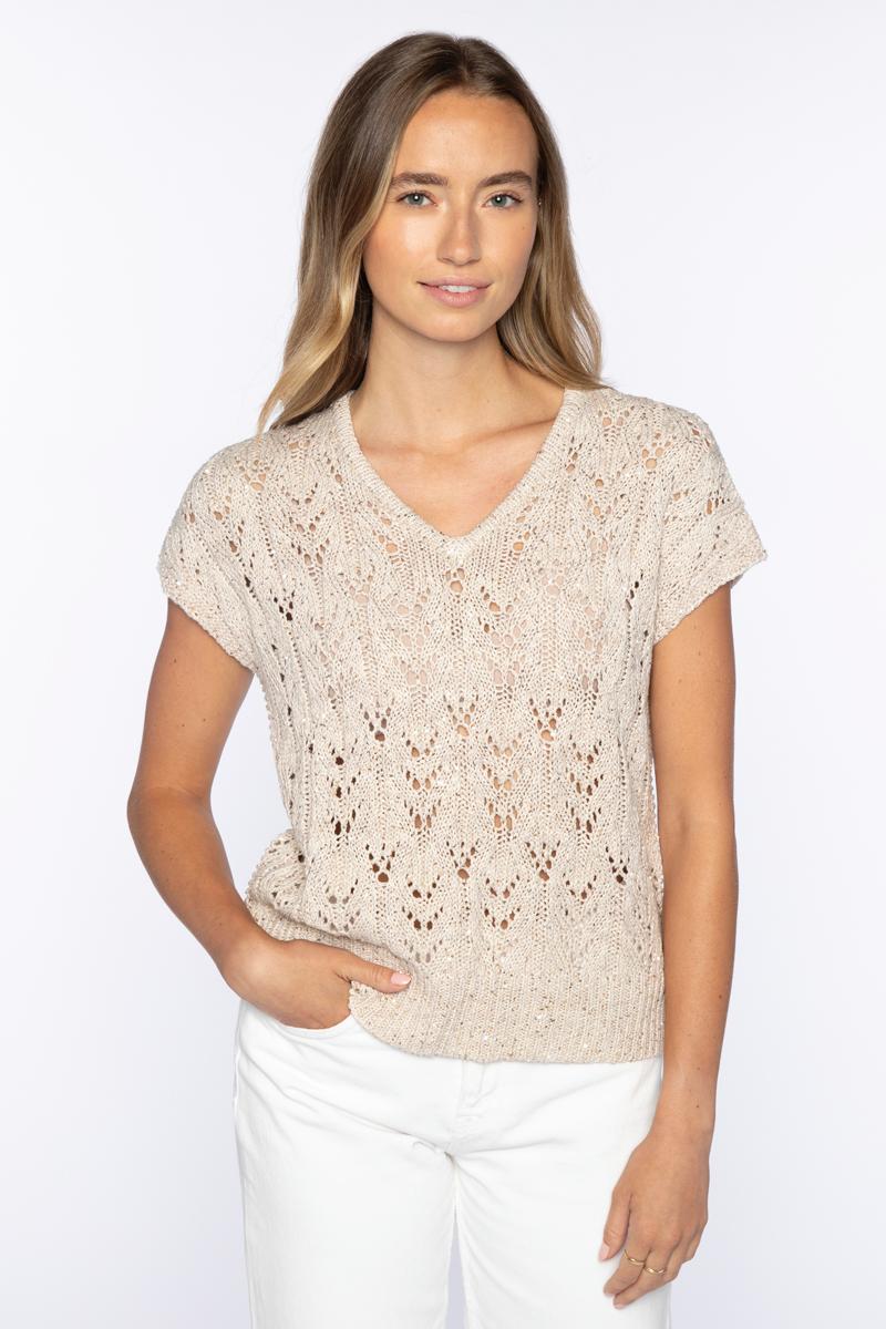 Kinross Sequin Cap Sleeve Openwork Vee Sweater available at Barbara Katz