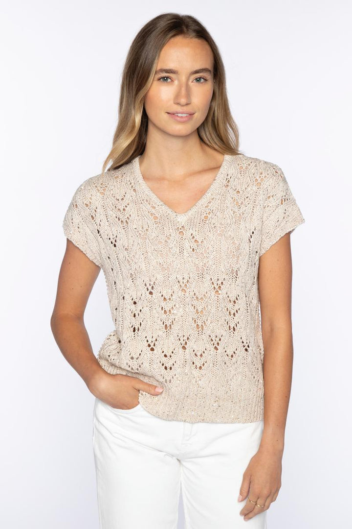 Kinross Sequin Cap Sleeve Openwork Vee Sweater available at Barbara Katz