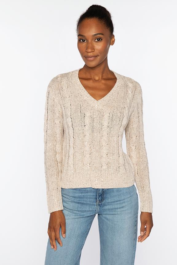 Kinross Sequin Cable Vee Sweater available at Barbara Katz