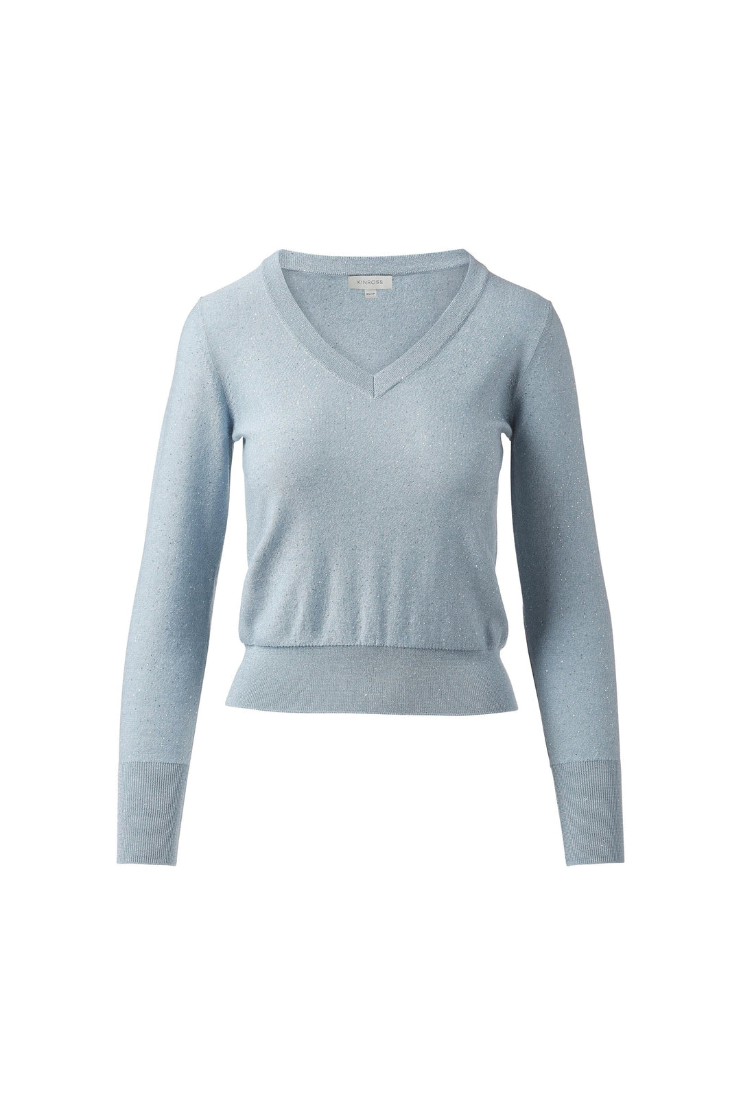 Kinross Sequin Vee Sweater in Water available at Barbara Katz